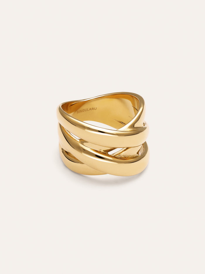Anillo Double Cross Acero Baño Oro