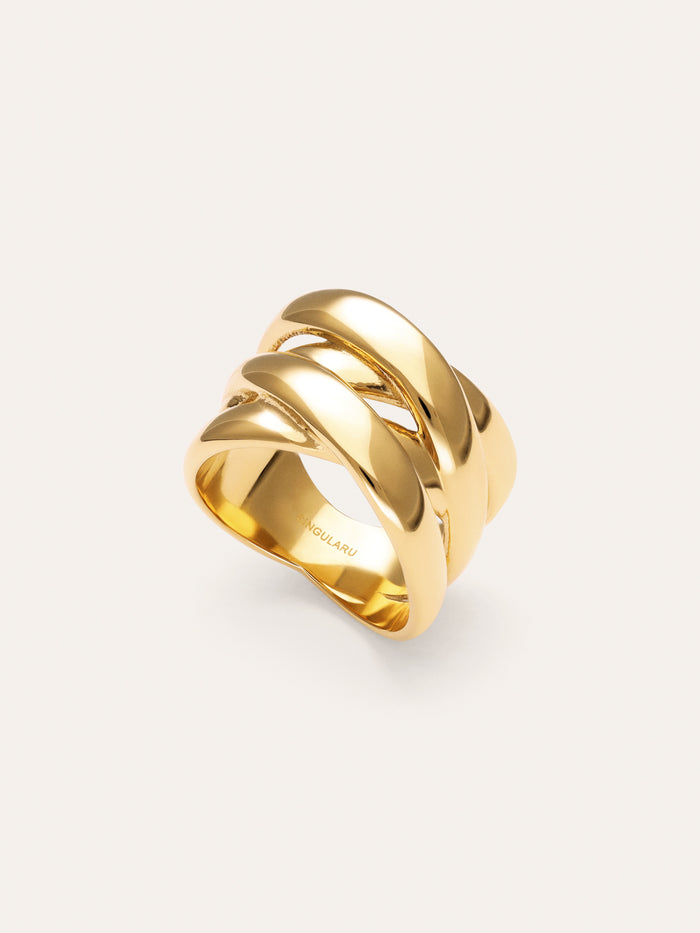 Anillo Double Cross Acero Baño Oro