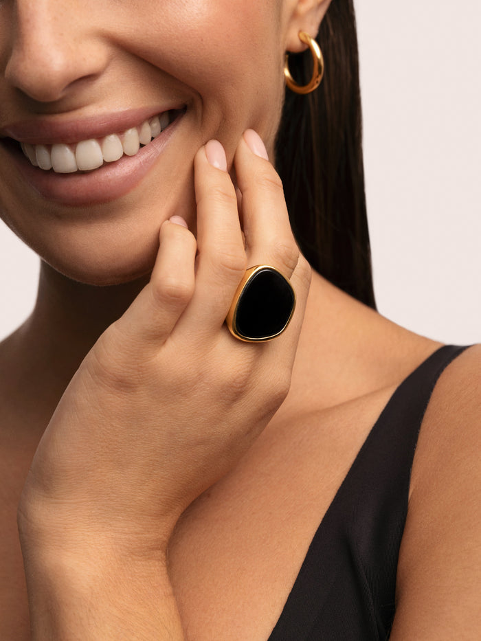 Anillo Ibiza Black Acero Baño Oro