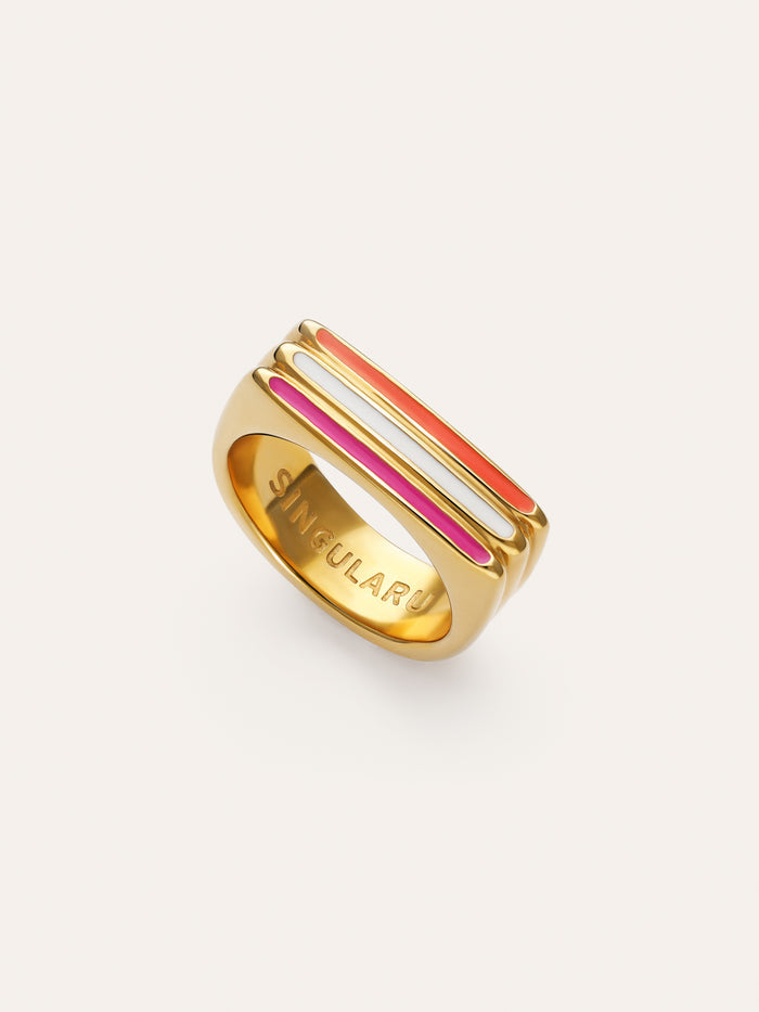 Anillo Pixie Lines Enamel Acero Baño Oro