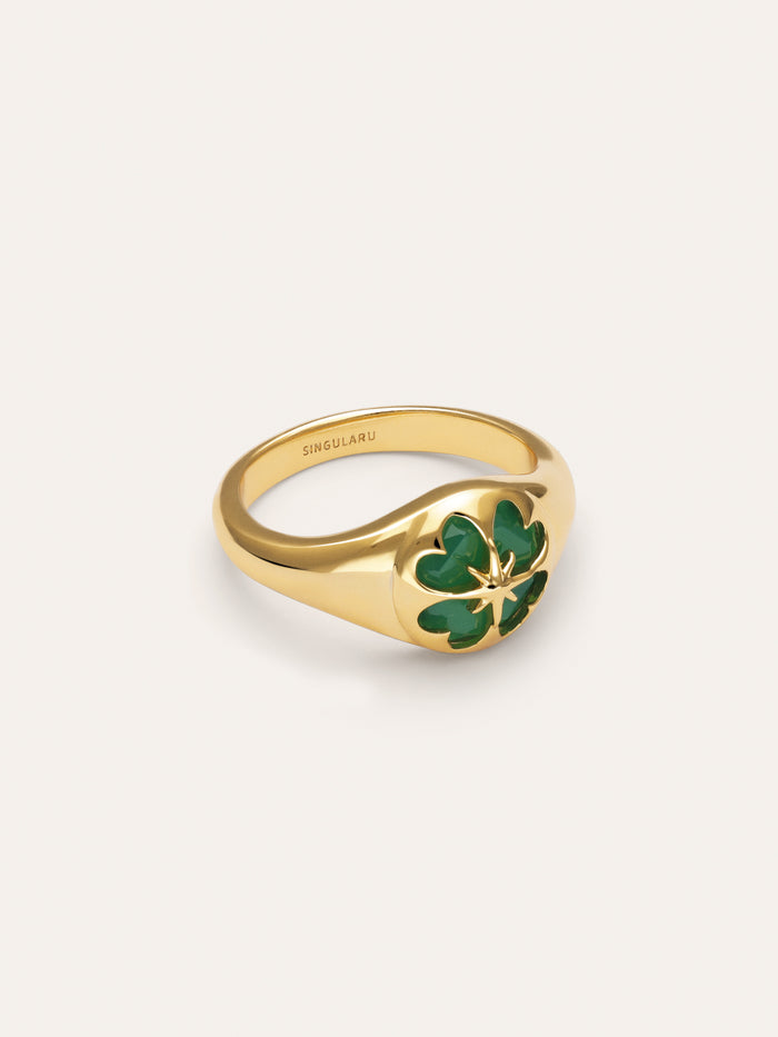 Anillo Trébol Ágata Stone Baño Oro