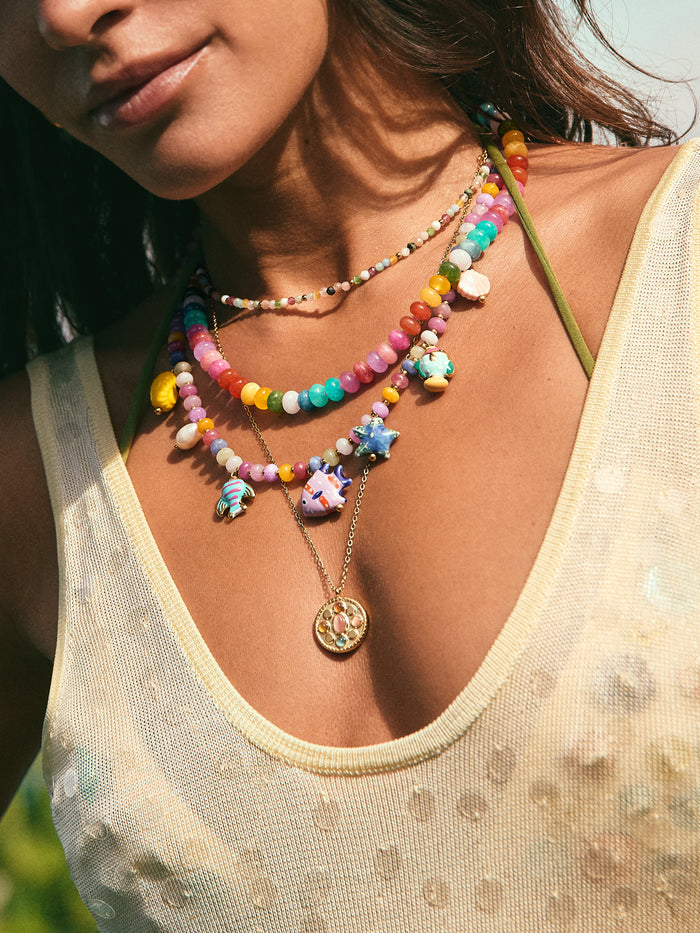 Collar Medallion Five Stones Acero Baño Oro