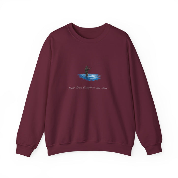 Fishing Crewneck Sweatshirt — Minimal Fly Fisherman Design