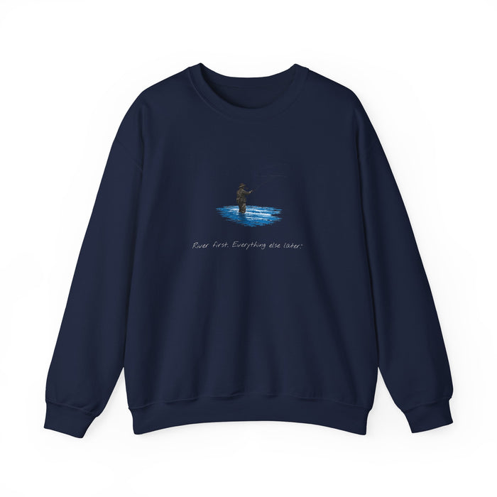 Fishing Crewneck Sweatshirt — Minimal Fly Fisherman Design