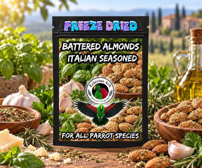 Freeze-Dried Battered Almonds for parrots made with almonds, battered with choose-your-flavor options, freeze-dried for crunch, and packed in a 4.7 x 7.9 inch heat sealed resealable bag for enrichment and foraging. Itatlian Seasoned Bag
