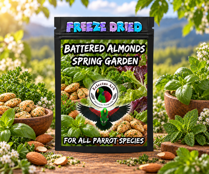 Freeze-Dried Battered Almonds for parrots made with almonds, battered with choose-your-flavor options, freeze-dried for crunch, and packed in a 4.7 x 7.9 inch heat sealed resealable bag for enrichment and foraging. Flavor - Spring Garden Bag