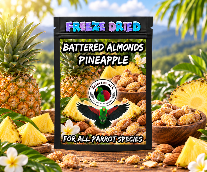 Freeze-Dried Battered Almonds for parrots made with almonds, battered with choose-your-flavor options, freeze-dried for crunch, and packed in a 4.7 x 7.9 inch heat sealed resealable bag for enrichment and foraging. Flavorf - Pineapple bag