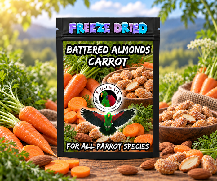Freeze-Dried Battered Almonds for parrots made with almonds, battered with choose-your-flavor options, freeze-dried for crunch, and packed in a 4.7 x 7.9 inch heat sealed resealable bag for enrichment and foraging. Flavor - Carrot Battered Bag