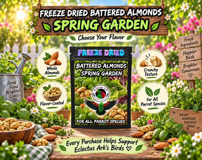 Freeze-Dried Battered Almonds for parrots made with almonds, battered with choose-your-flavor options, freeze-dried for crunch, and packed in a 4.7 x 7.9 inch heat sealed resealable bag for enrichment and foraging. Flavor - Spring Garden Battered - Promotional Image