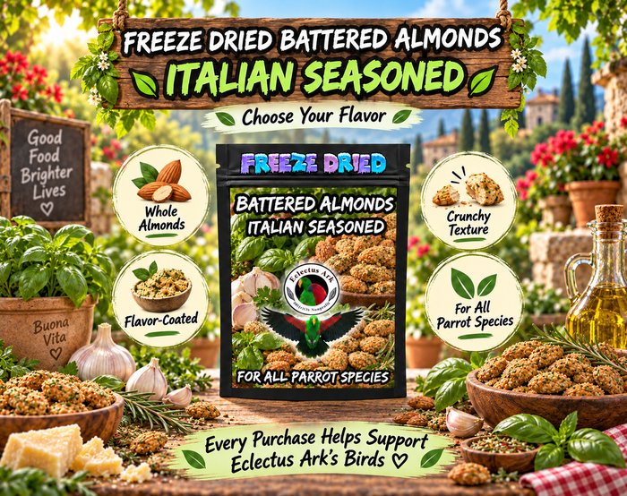 Freeze-Dried Battered Almonds for parrots made with almonds, battered with choose-your-flavor options, freeze-dried for crunch, and packed in a 4.7 x 7.9 inch heat sealed resealable bag for enrichment and foraging. Flavor - Italian Seasoned - Promotional Image