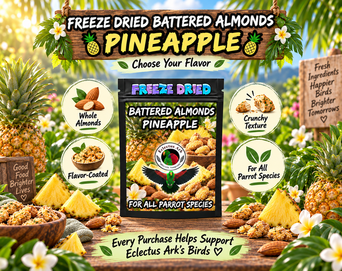 Freeze-Dried Battered Almonds for parrots made with almonds, battered with choose-your-flavor options, freeze-dried for crunch, and packed in a 4.7 x 7.9 inch heat sealed resealable bag for enrichment and foraging. Flavor - Pineapple Battered Promotional Image