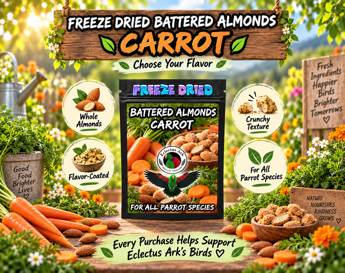 Freeze-Dried Battered Almonds for parrots made with almonds, battered with choose-your-flavor options, freeze-dried for crunch, and packed in a 4.7 x 7.9 inch heat sealed resealable bag for enrichment and foraging. Flavor - Carrot Battered Promotional Image