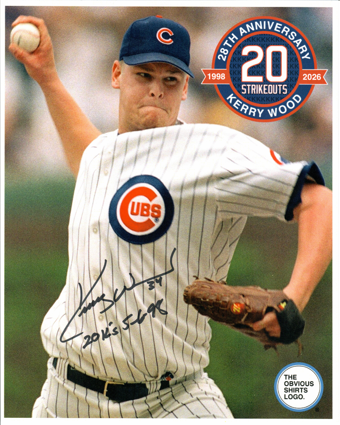 KERRY WOOD 28TH ANNIVERSARY SIGNED 20 STRIKEOUT 8x10 PHOTO - OBVIOUS SHIRTS