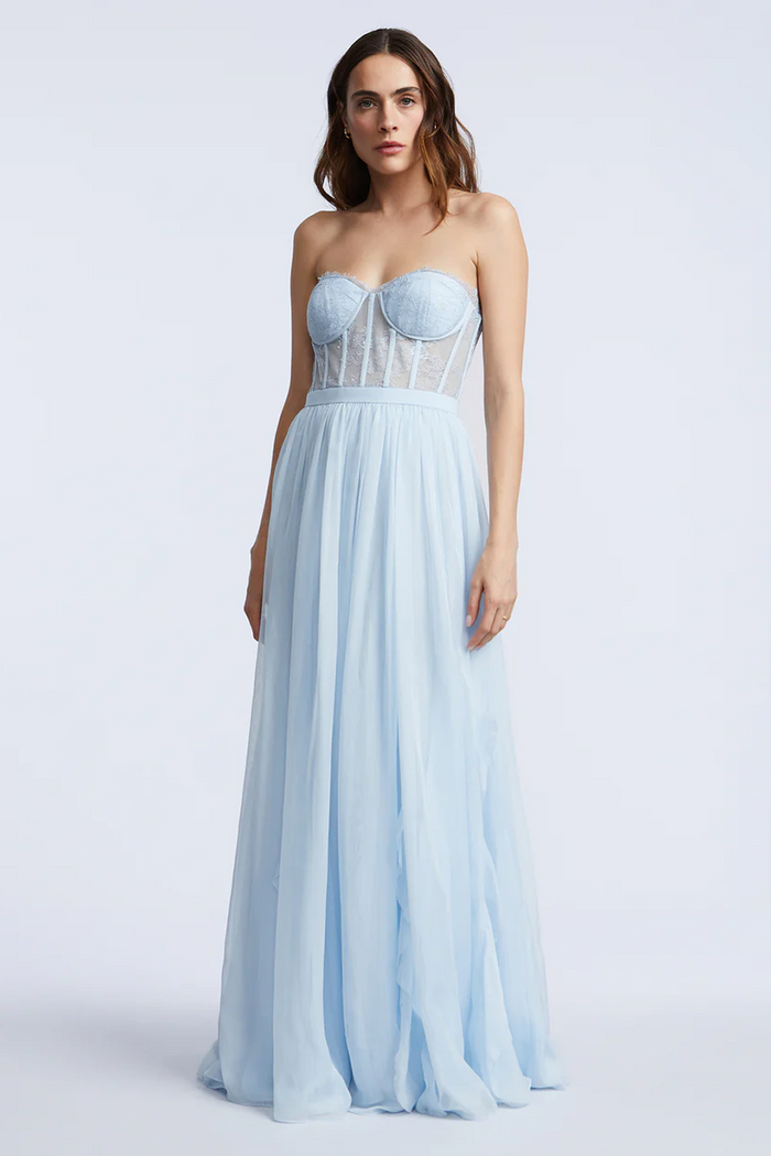 Lace Bodice Chiffon Ruffle Gown