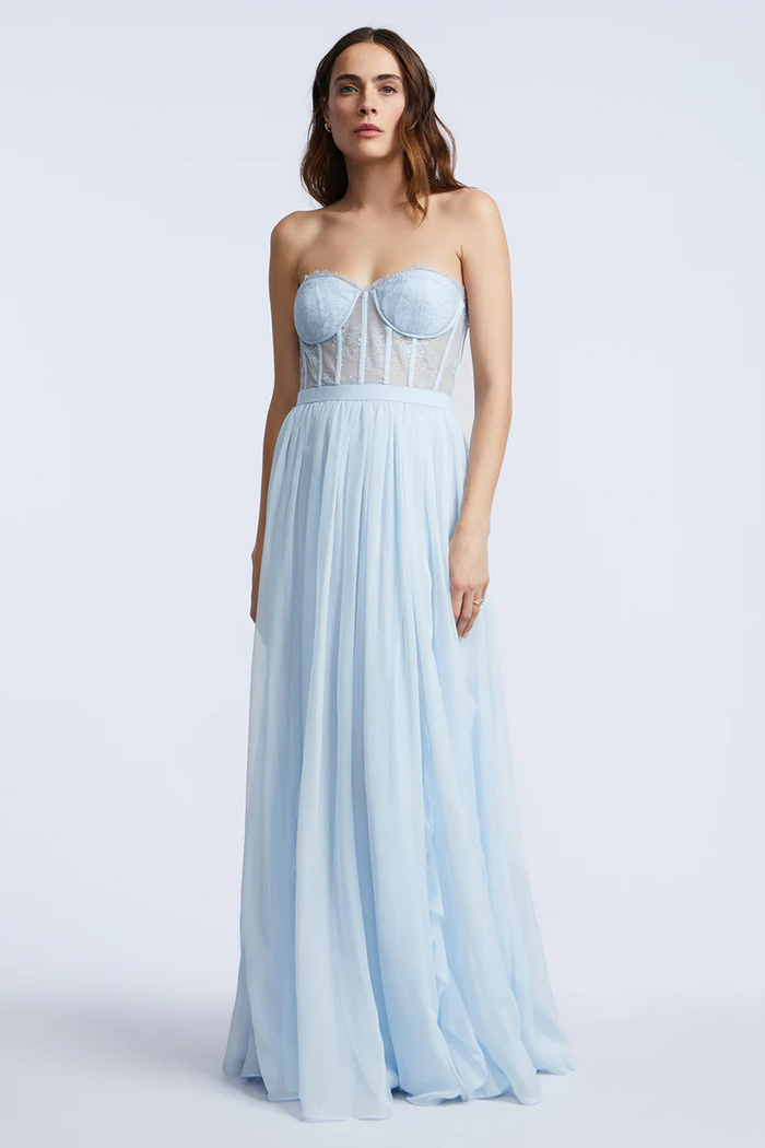 Lace Bodice Chiffon Ruffle Gown
