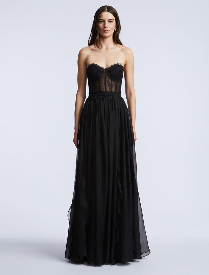 Lace Bodice Chiffon Rufle Gown