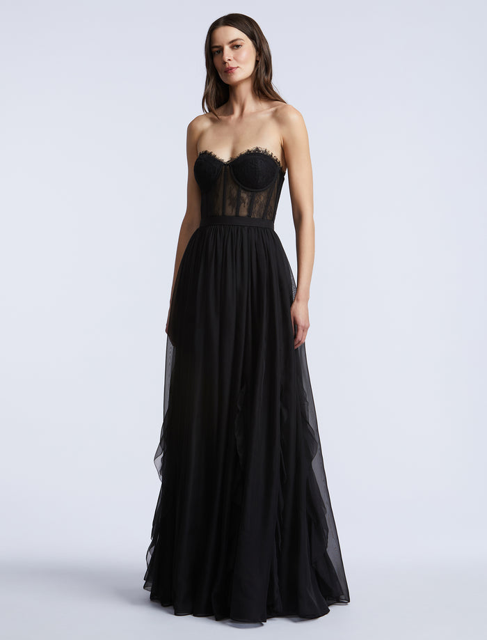 Lace Bodice Chiffon Rufle Gown