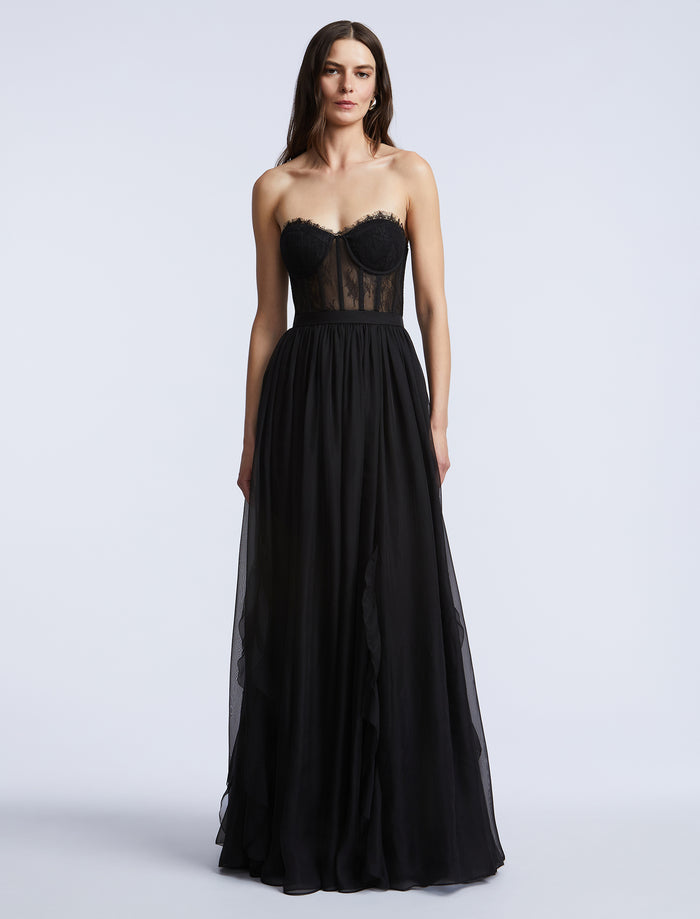 Lace Bodice Chiffon Rufle Gown