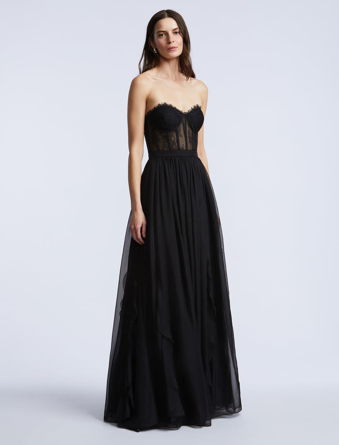 Lace Bodice Chiffon Rufle Gown