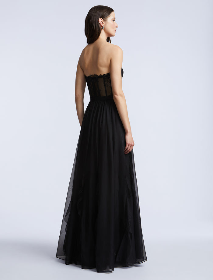 Lace Bodice Chiffon Rufle Gown