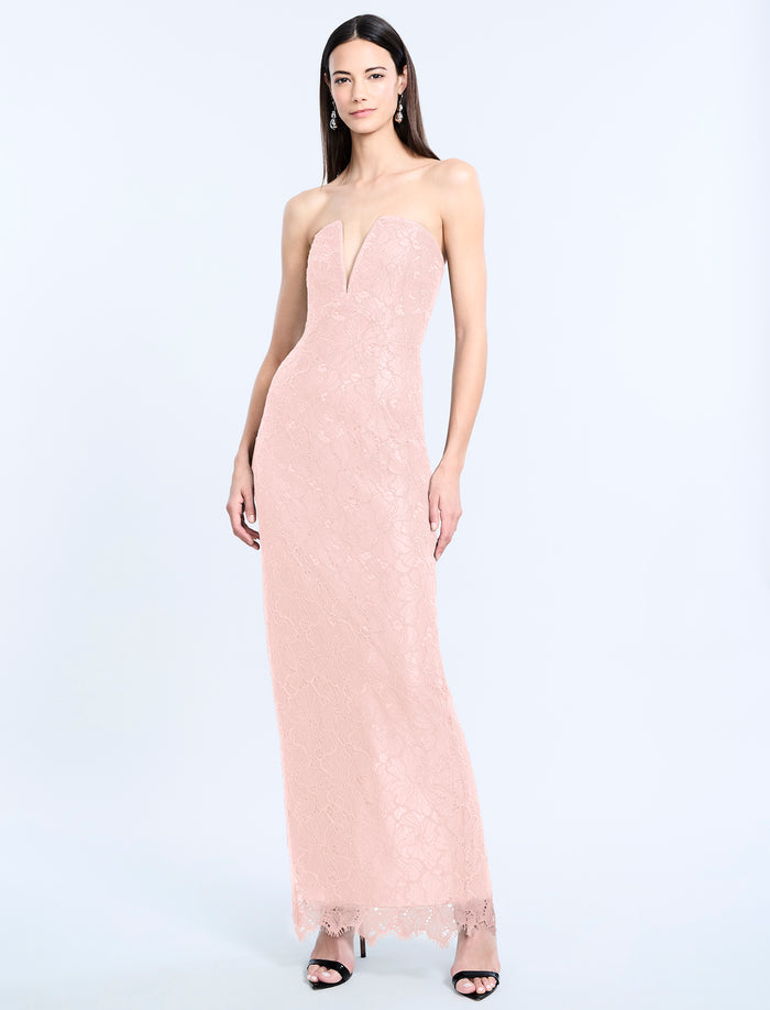 Lace Strapless V Neckline Gown