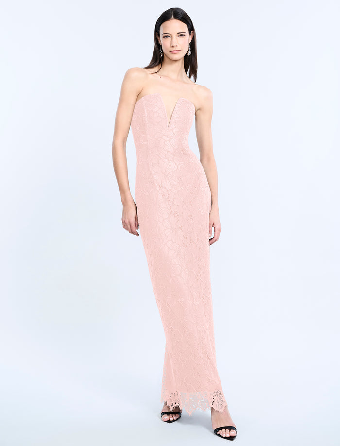 Lace Strapless V Neckline Gown