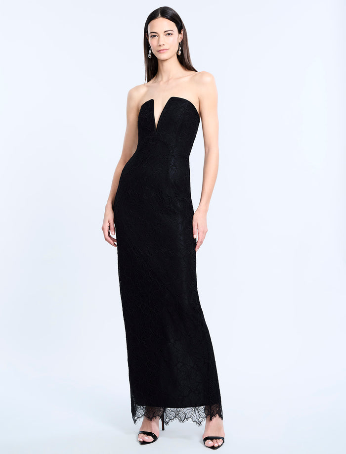 Lace Strapless V Neckline Gown