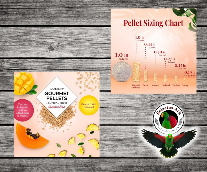 Lafeber Tropical Fruit Pellets for cockatiels made with natural fruit taste, dried pineapple, papaya, mango, essential vitamins, chelated minerals, and omega 3 and 6 fatty acids for cockatiels, lovebirds, quakers, rosellas, and similar parrots.