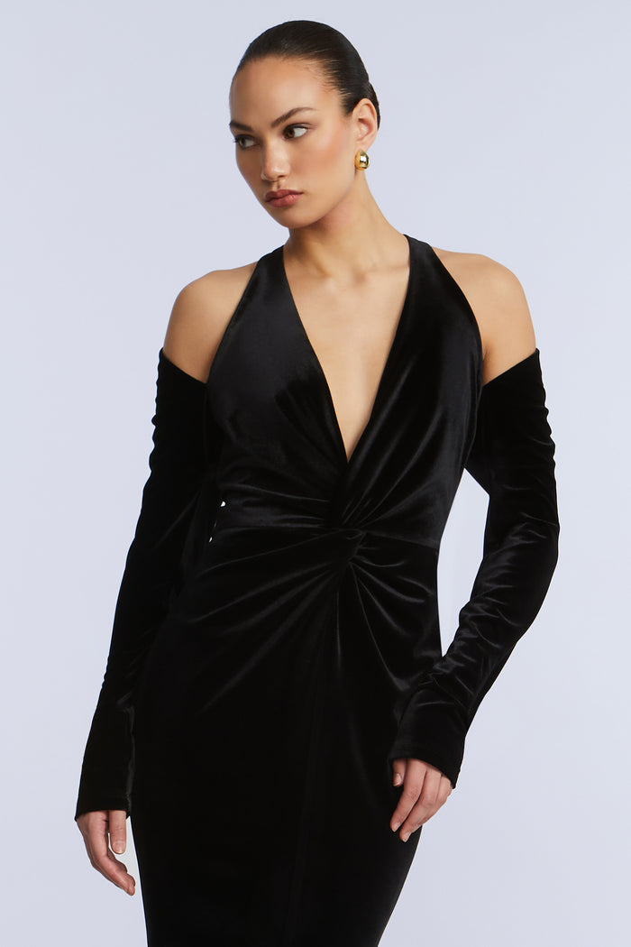 Long Sleeve Halter Velvet Gown