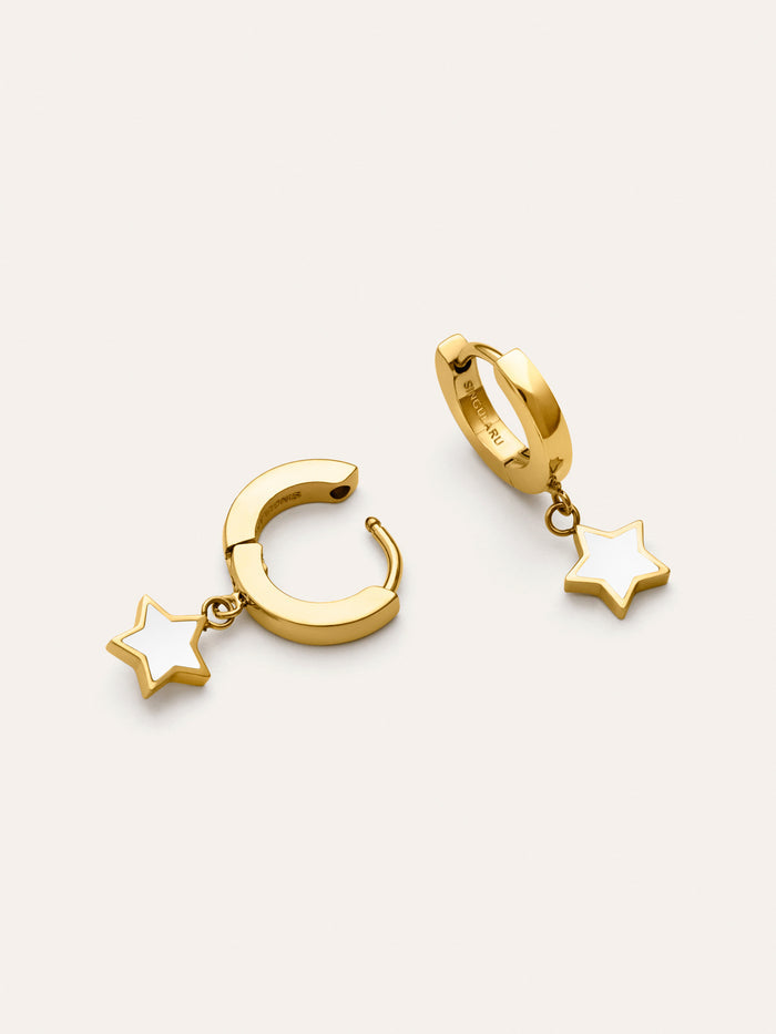 Pendientes Aro Star White Enamel Acero Baño Oro