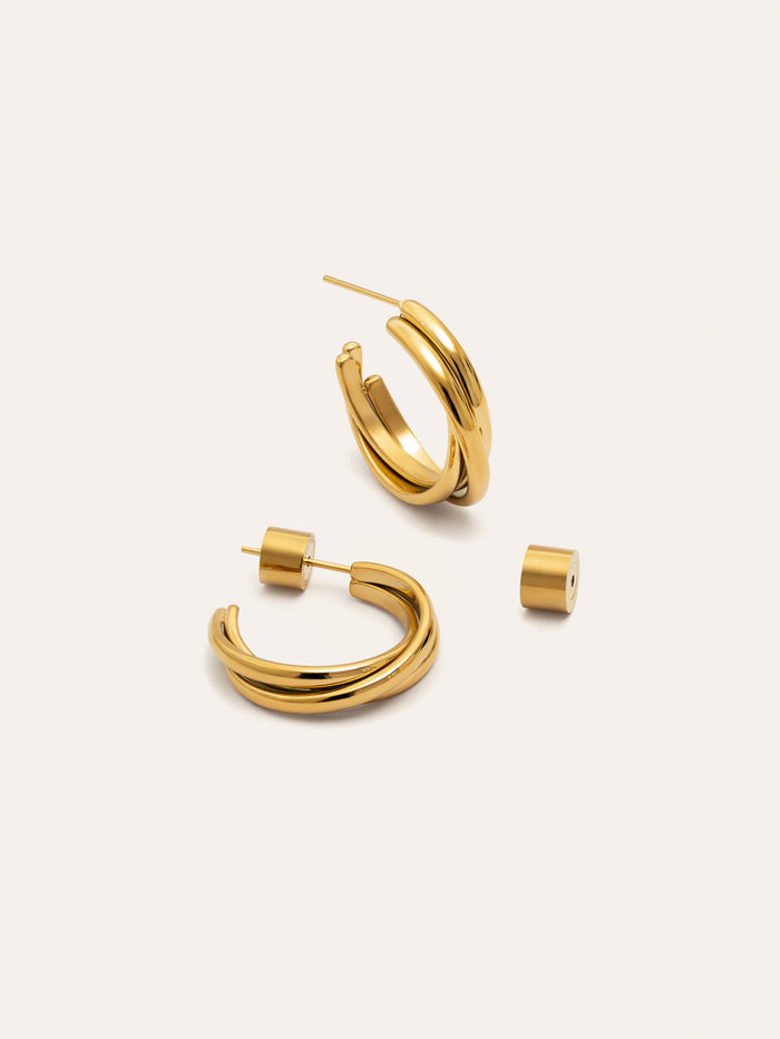 Pendientes Aro Triple Cruzado Acero Baño Oro