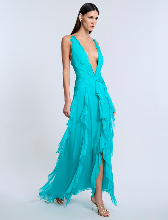 Ruffle Halter Chiffon Gown
