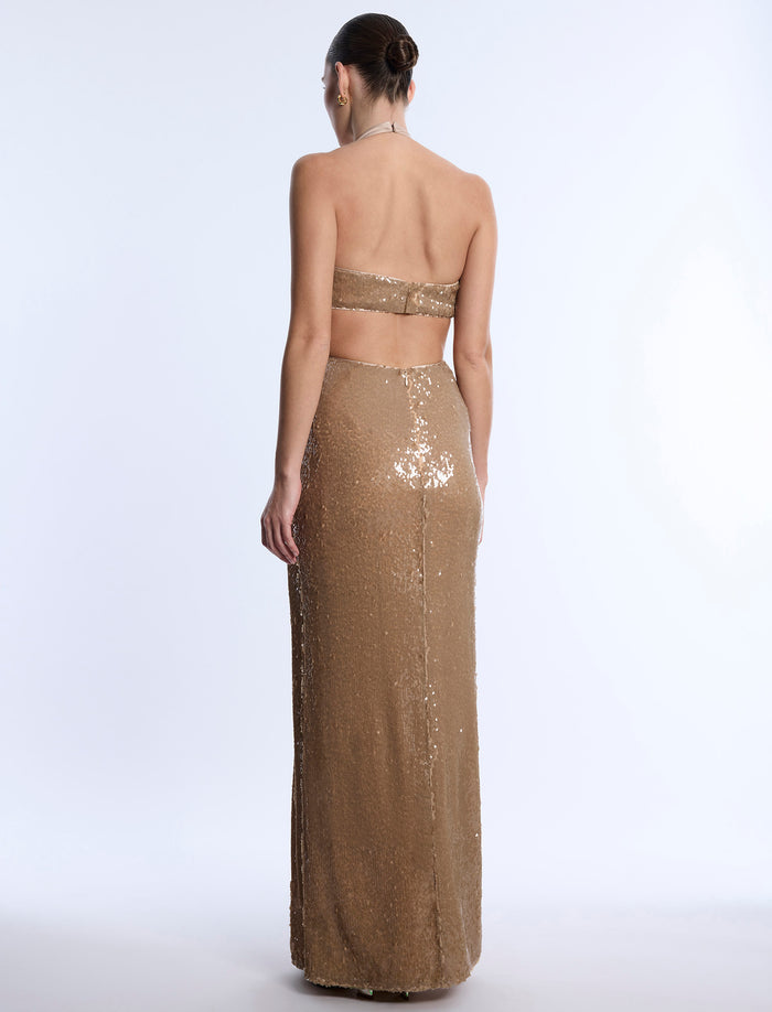 Sequin Cutout Halter Gown
