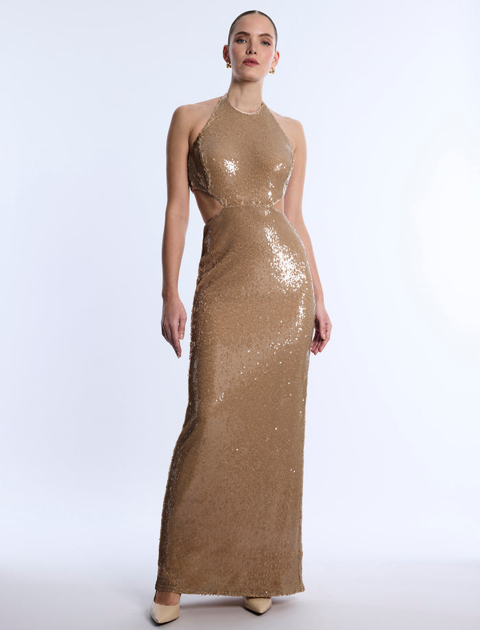 Sequin Cutout Halter Gown