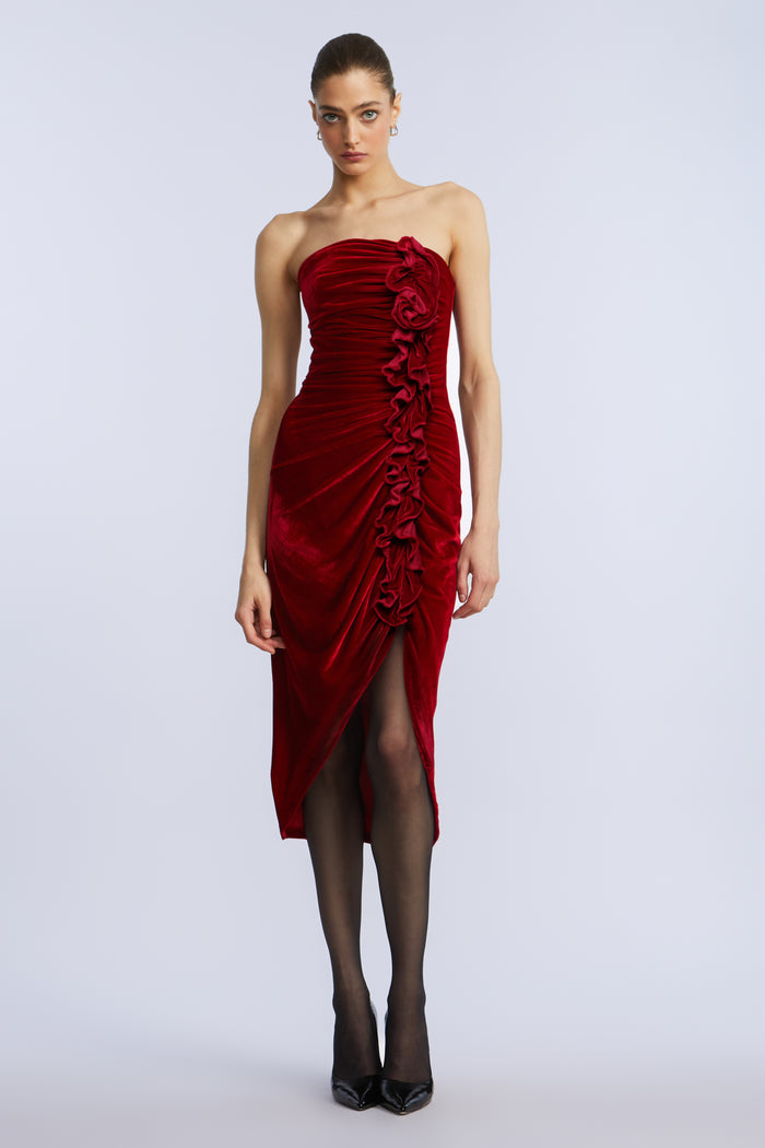 Strapless Velvet Ruffle Dress