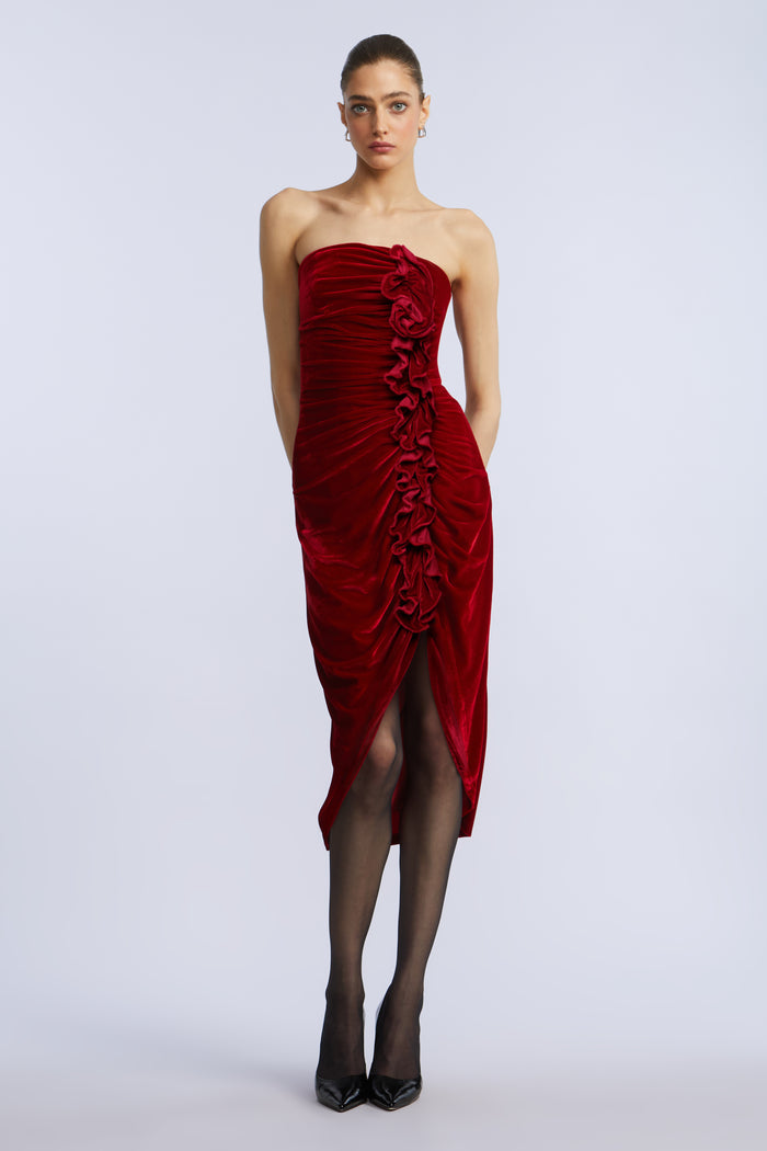 Strapless Velvet Ruffle Dress